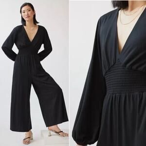 Anthro Hutch Black Long Sleeve Jumpsuit M Smocked Waist Wide Leg Dressy Outfit
